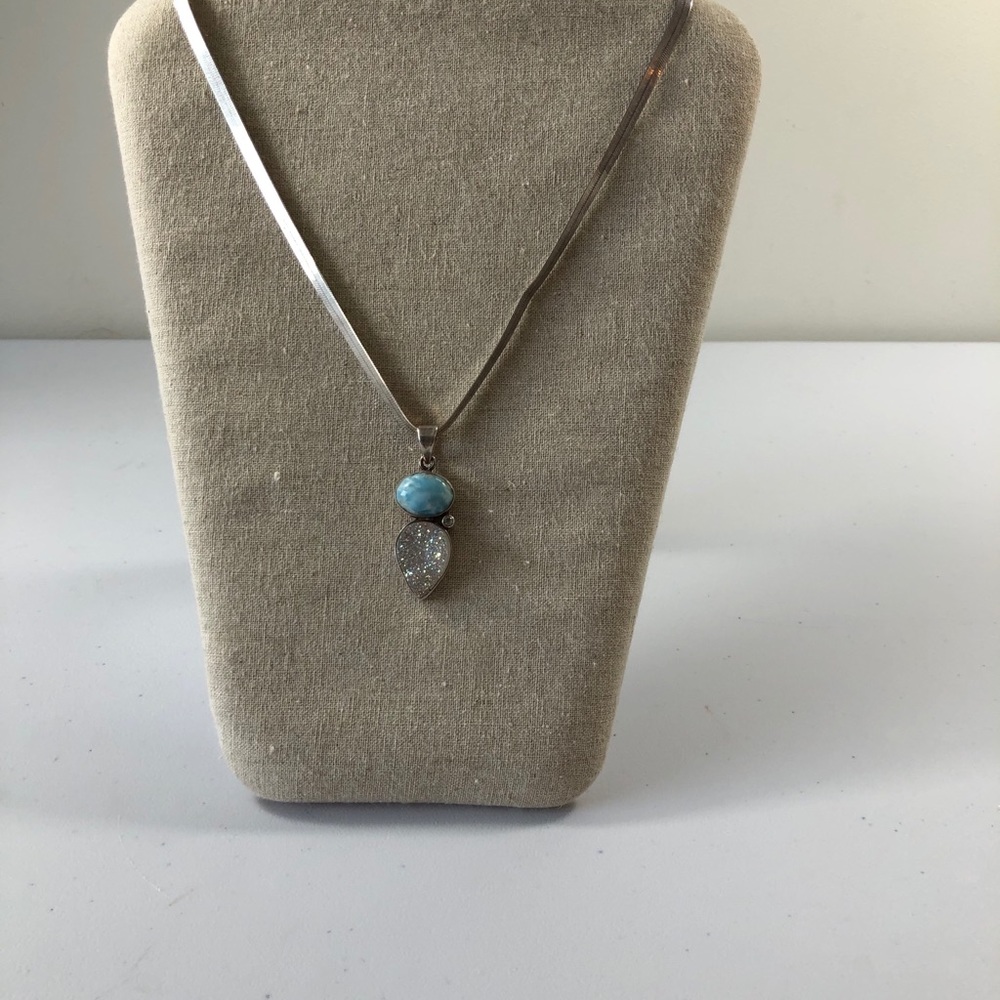 Sterling Silver Aqua Blue & Sparkle Stone wide chain Necklace one of a kind